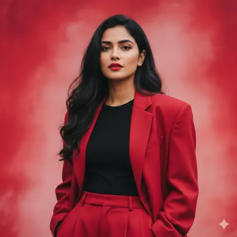 Ultra-Realistic Portrait in Red Oversized Suit