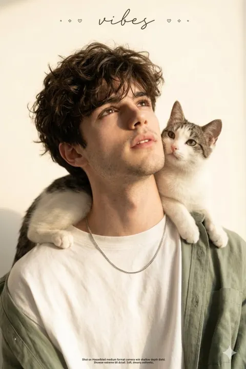 Curly-Haired Youth with Cat in Soft Light