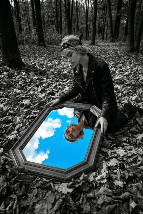 Surreal Mirror in Black and White Forest