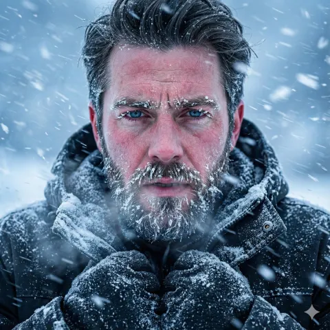 Rugged Man Surviving Snowstorm