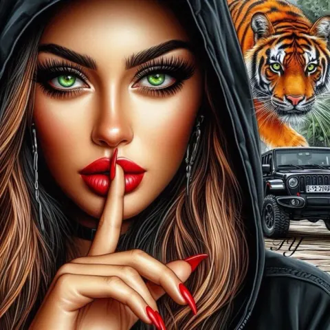 Woman Hiding from Tiger on Jeep