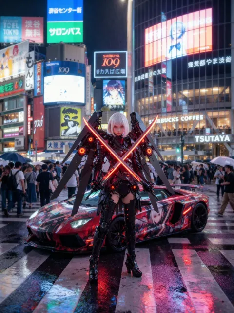 Cosplayer and Itasha at Shibuya Crossing