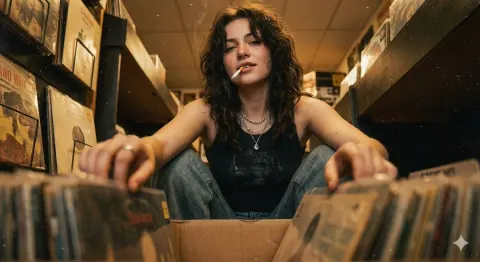 Grunge Girl Browsing Vinyl in Moody Record Store