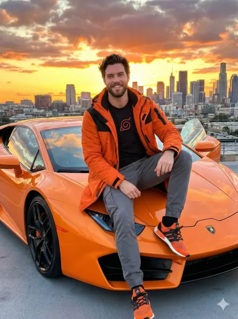 Stylish Man Orange Lamborghini Sunset Pose