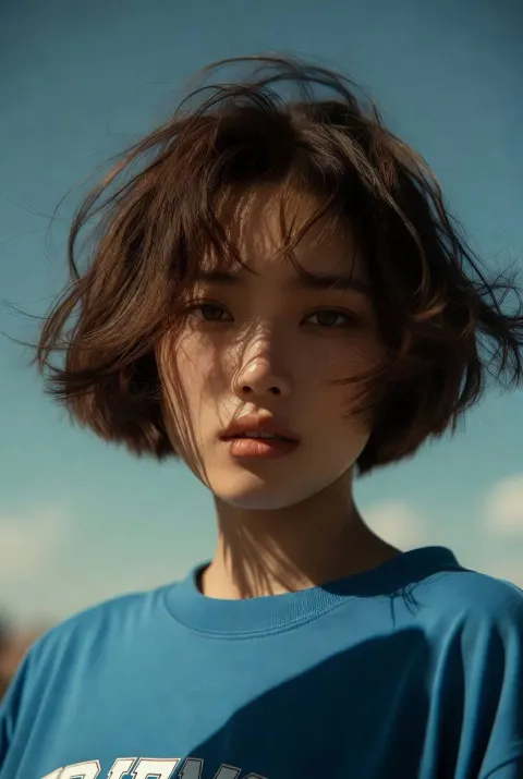 Dreamy Cinematic Portrait Under Blue Sky
