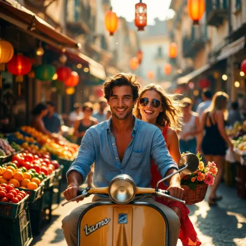 Couple Riding Vintage Scooter Market