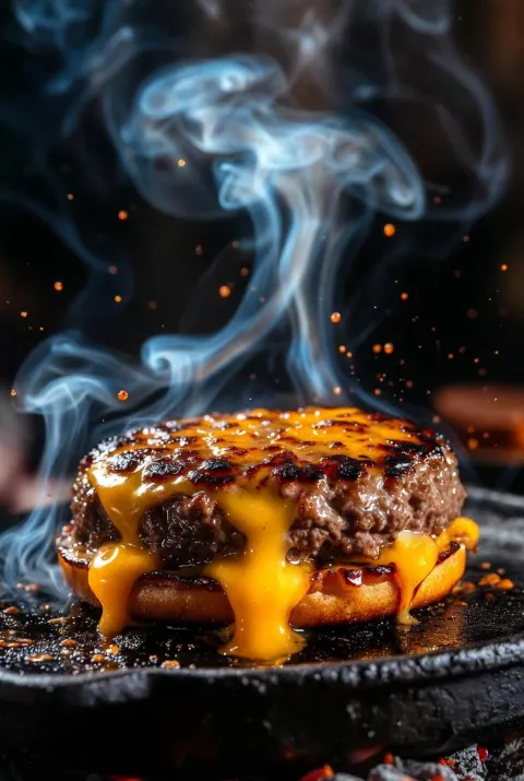 Sizzling Cinematic Gourmet Cheeseburger Close-Up