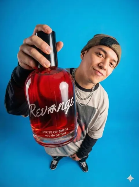 Stylish Man Holding Red Perfume Bottle