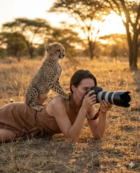 Wildlife Photographer with Cheetah Cub
