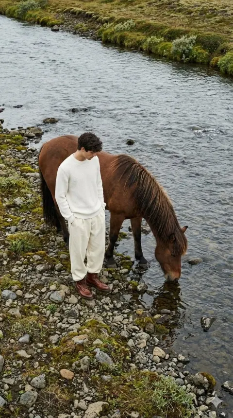 Serene Horse and Model by Icelandic River