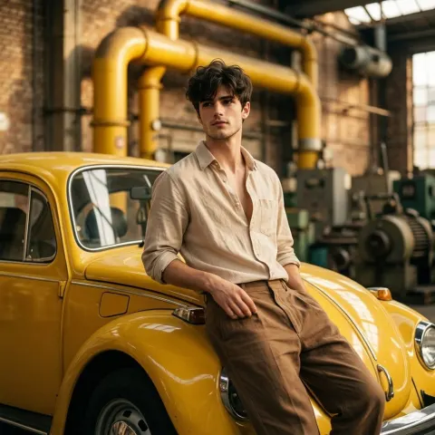 Vintage Yellow Car Industrial Portrait