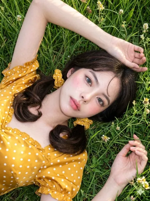 Dreamy Girl Lying on Grass