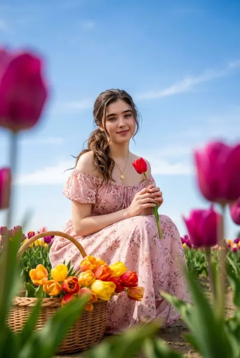 Cheerful Woman in Tulip Field