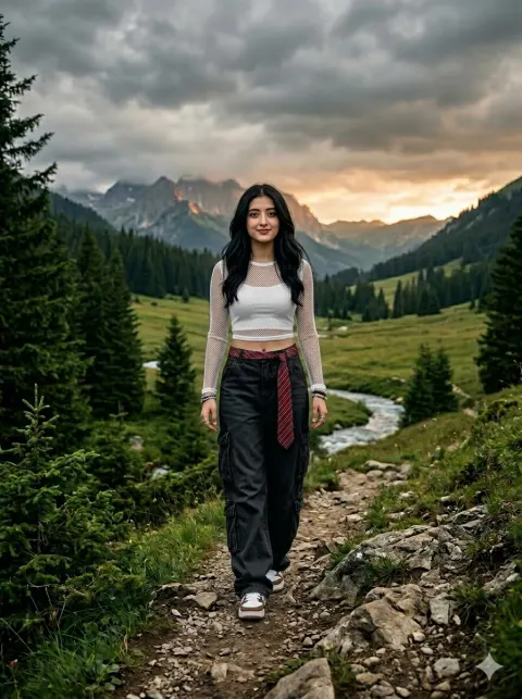 Cinematic Girl Walking In Valley