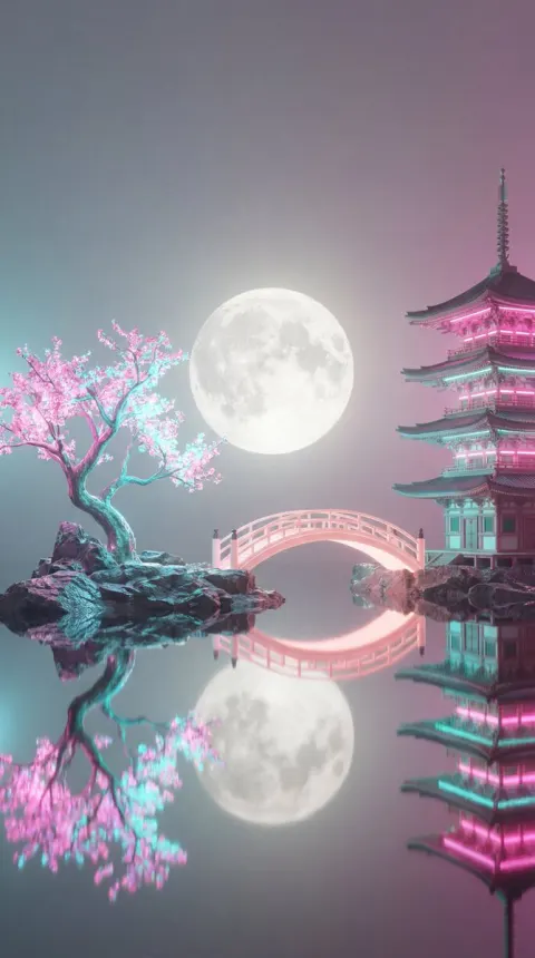 Vaporwave Neon Pagoda Night