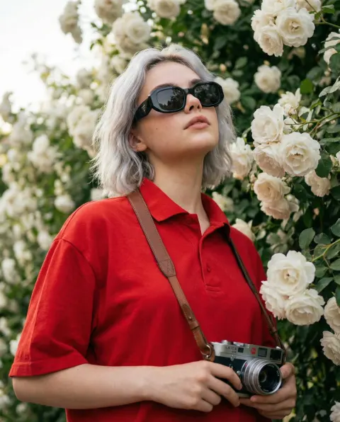 Vintage Film Girl Amid White Blooms