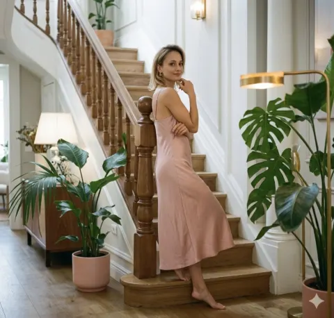 Pink Satin Staircase Pose