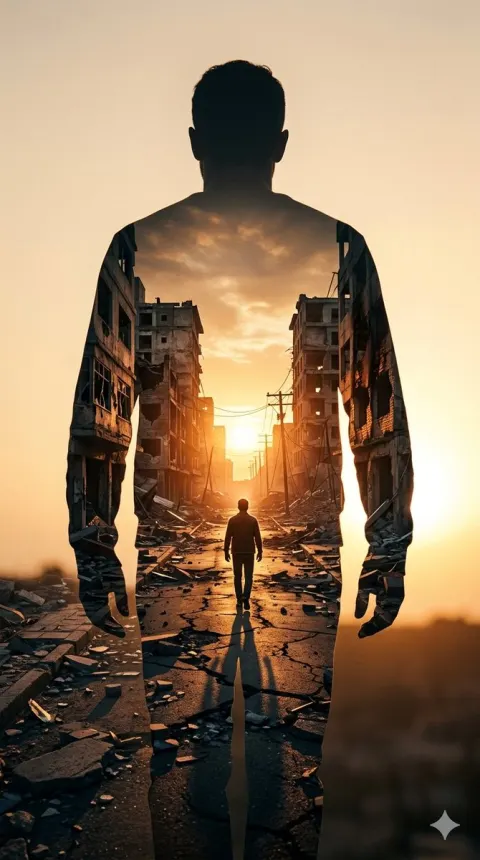 Silhouette of Hope Amidst War-Torn Sunset
