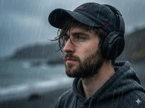 Melancholic Profile in Coastal Rain
