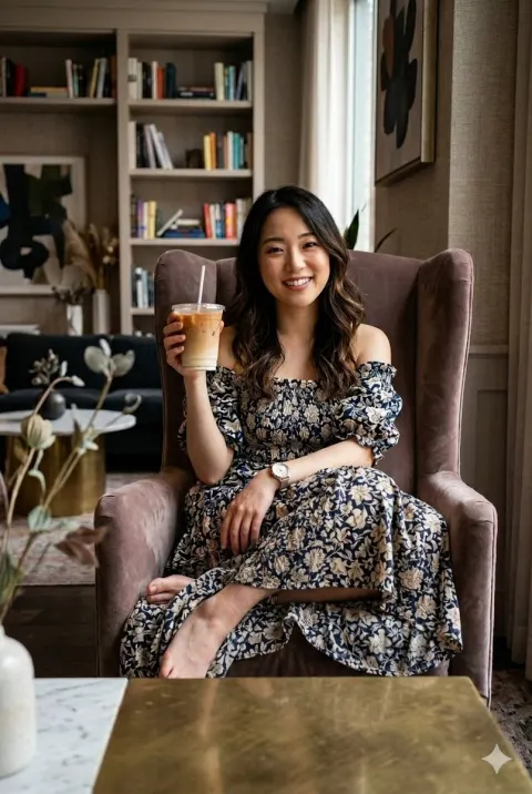 Cozy Living Room Portrait with Iced Latte