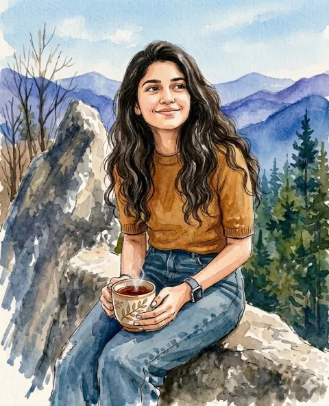 Watercolor Girl in Mountains