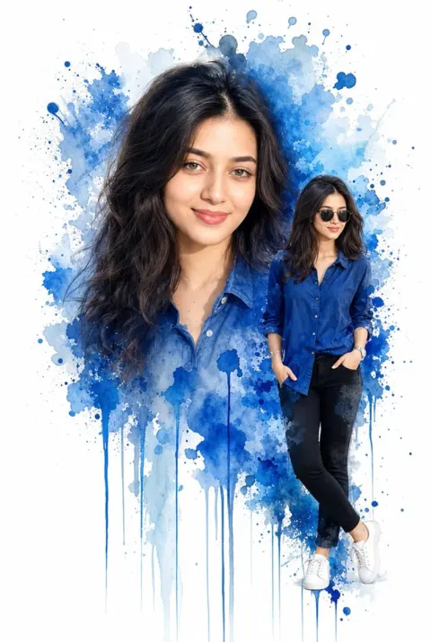 Blue Watercolor Double Exposure Portrait