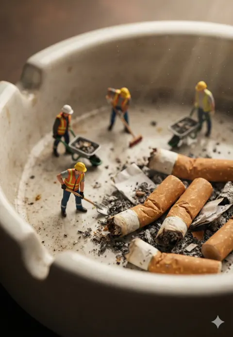 Miniature Workers Clean Giant Ashtray