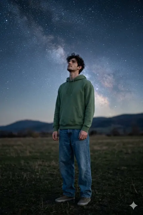 Stargazer in Moonlit Field