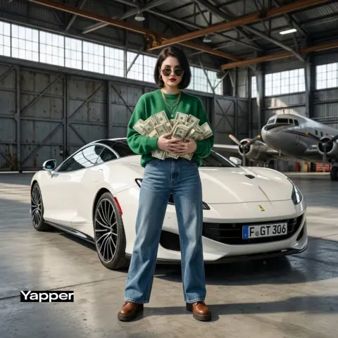 Confident Woman in Hangar with Cash-Filled Sports Car