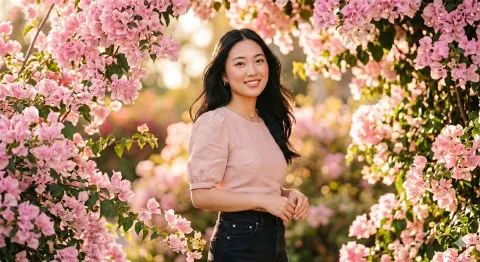 Elegant Portrait Under Pink Bougainvillea