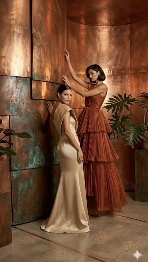 Elegant Models Pose Against Weathered Copper Wall