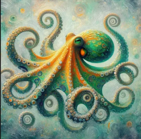 Klimt-Inspired Ornate Green Octopus