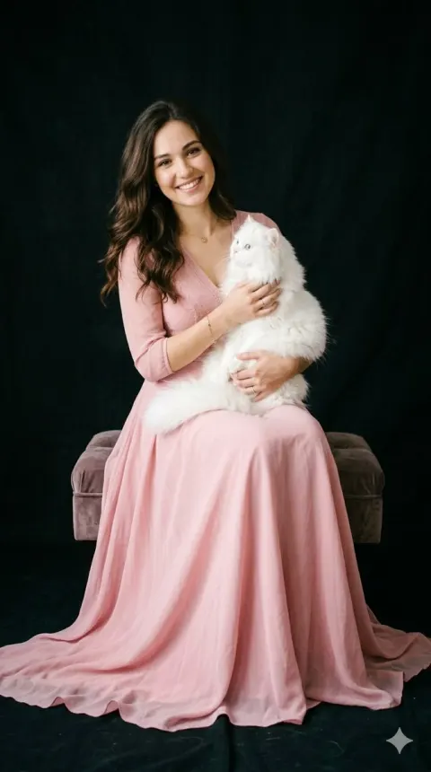 Elegant Woman Cradling Fluffy Cat
