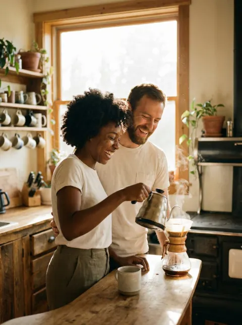 Couple Laughing In Sunlit Kitchen