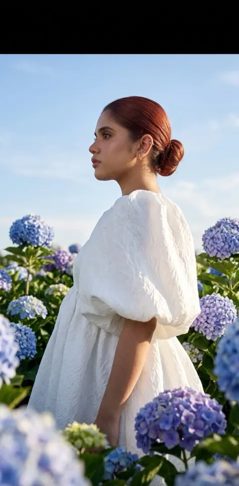 Cinematic Hydrangea Fashion Portrait