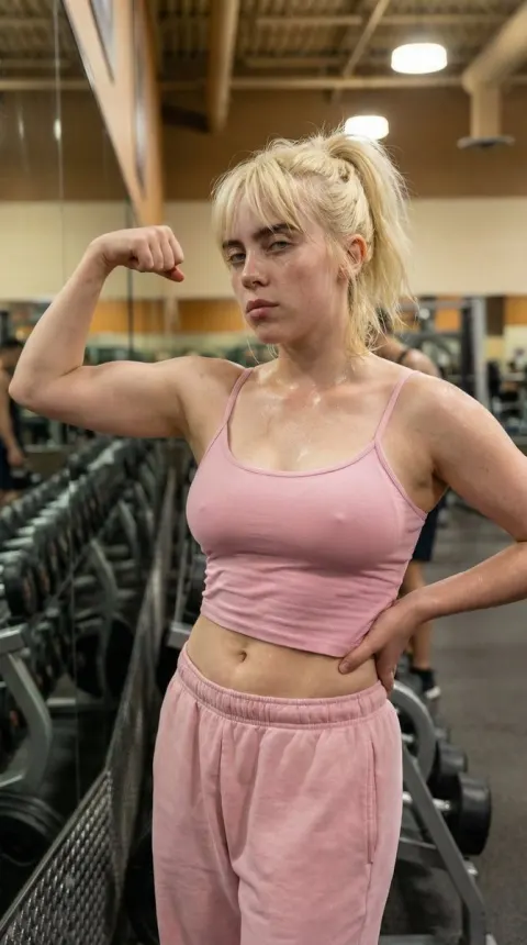 Blonde Woman Flexing in Gym