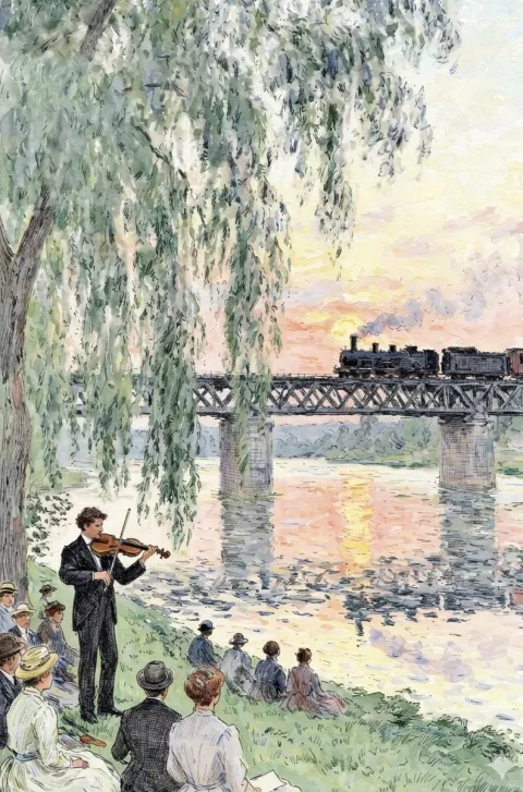 Sunset Violin by the Riverside