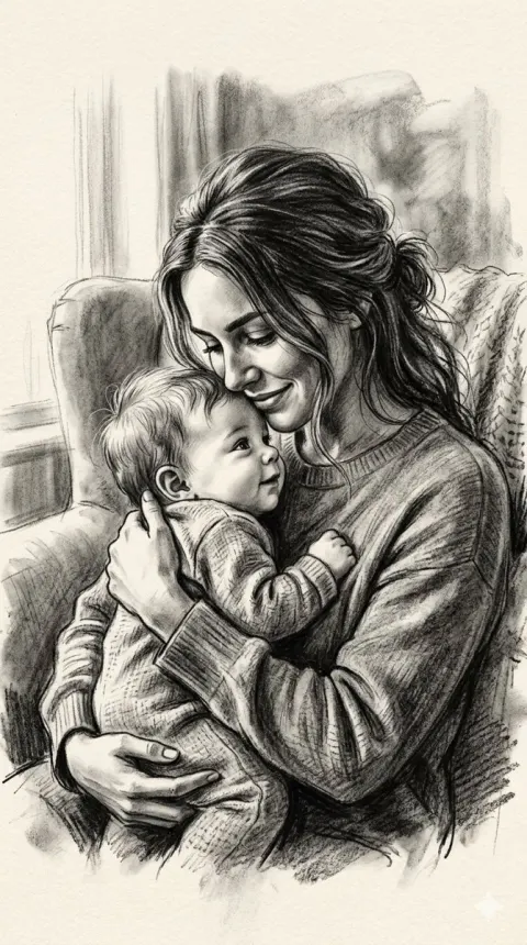 Tender Charcoal Mother and Child Drawing