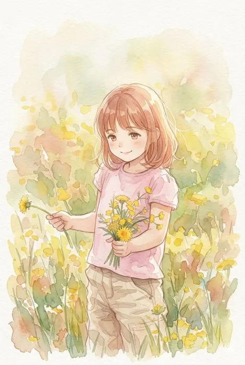 Anime Girl Sunlit Meadow Watercolor