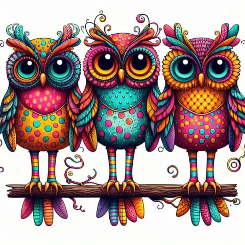 Whimsical Colorful Owls Illustration