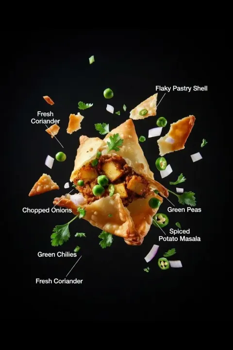 Crispy Samosa Mid-Air Ingredient Explosion