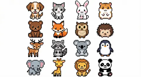 Cute Pixel Art Animals Grid