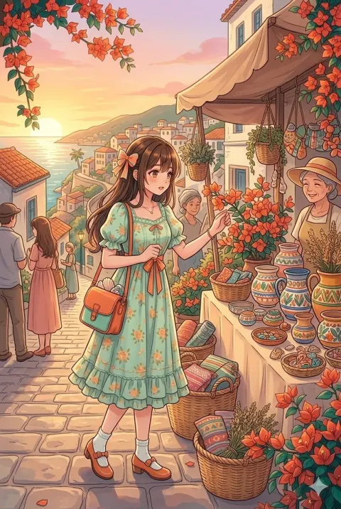 Anime Girl Mediterranean Sunset Village