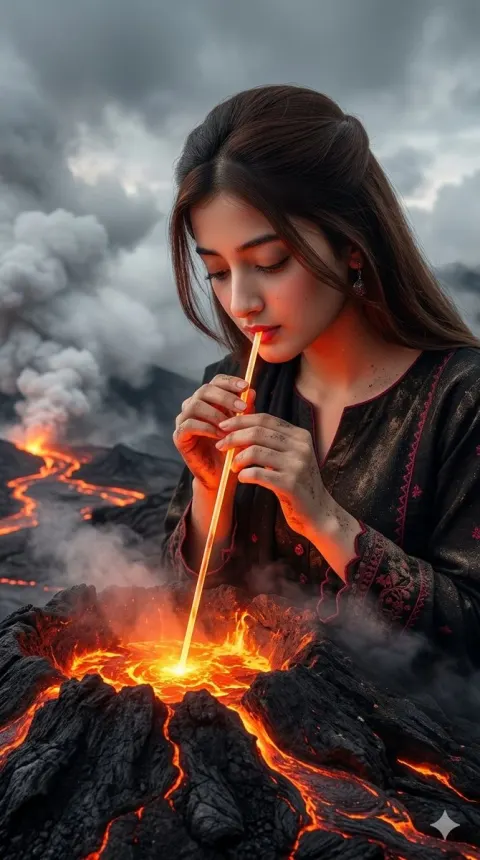 Surreal Woman Drinking Lava Portrait
