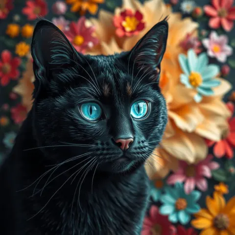 Black Cat with Turquoise Eyes in Floral Burst