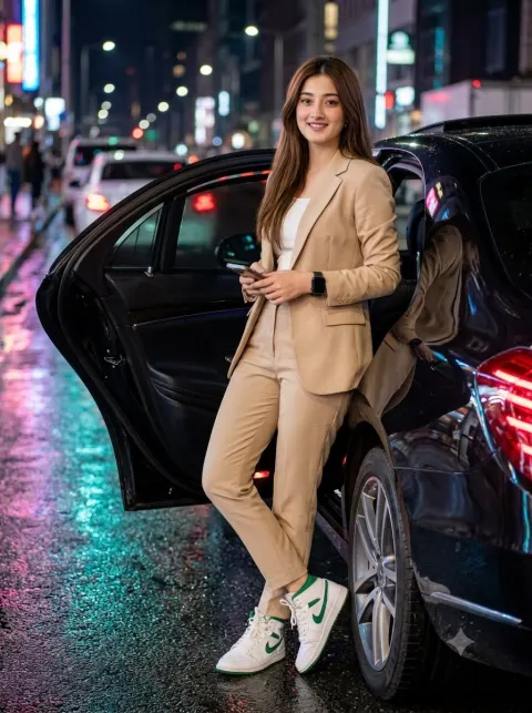 Stylish Woman Posing By Luxury Car