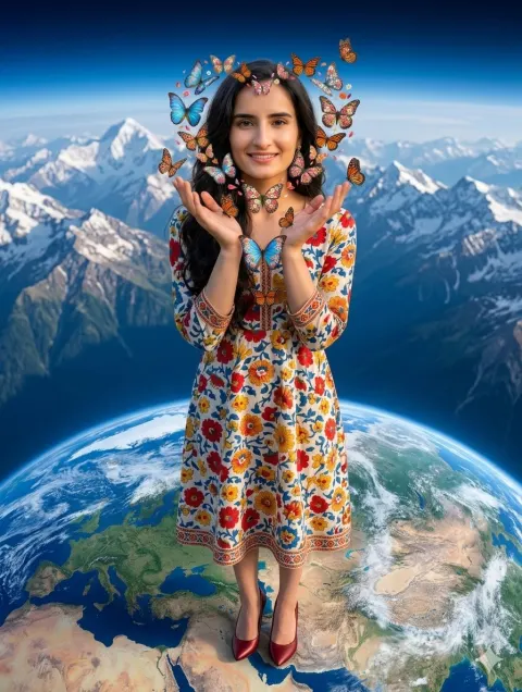 Woman Surrounded By Colorful Butterflies