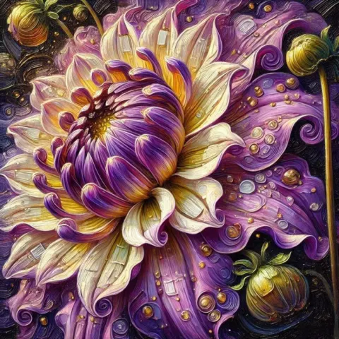 Klimt-Style Purple Dahlia with Golden Accents