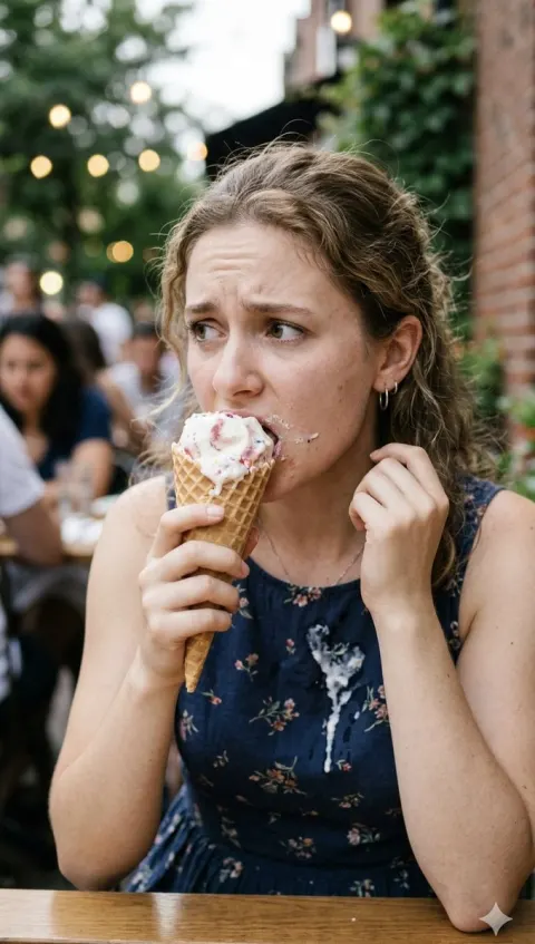 Woman Eating Ice Cream Outdoors