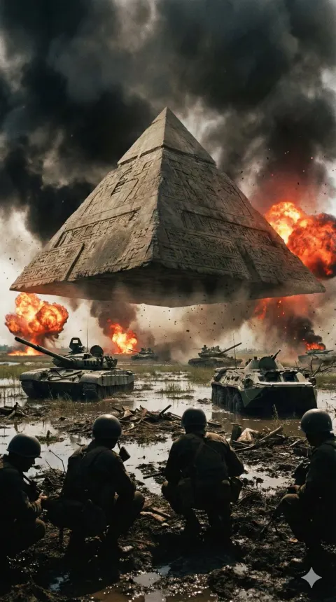 Floating Pyramid Over Modern Battlefield